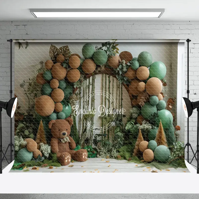 Green Brown Balloons Plant Bear Cake Smash Backdrop