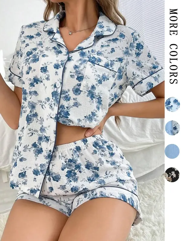 Women's Ditsy Floral Print Contrast Binding Loungewear Set, Button Front Pocket Top & Elastic Waist Shorts PJ Set, Casual Co...