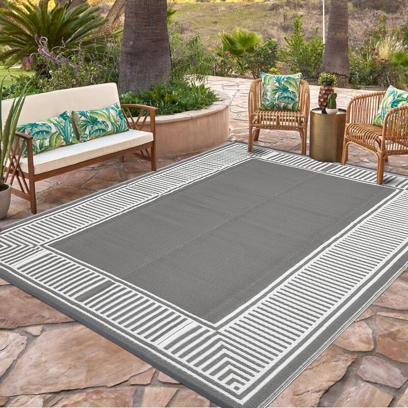 Garvee Reversible Waterproof Outdoor Rug - Grey & White Plastic Straw Mat for Patio, Deck, Garden, RV, Balcony - Modern Strip...