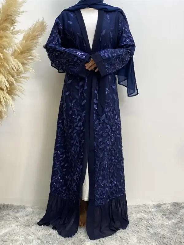 Arabic Clothing-contrast Sequin Leaf Embroidery Ruffle Hem Belted Caftan Abaya without Dress, Modesty Elegant Long Sleeve Ope...