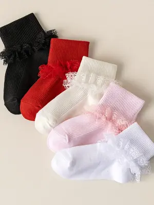 5 pairs of lovely lace princess socks-suitable for young girls, soft polyester blended, machine washable and comfortable in a...