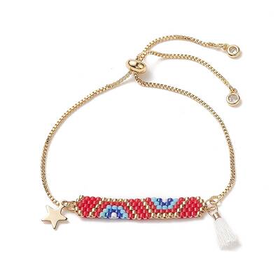 Handmade Japanese Seed Rectangle & Star & Tassel Charms Slider Bracelet