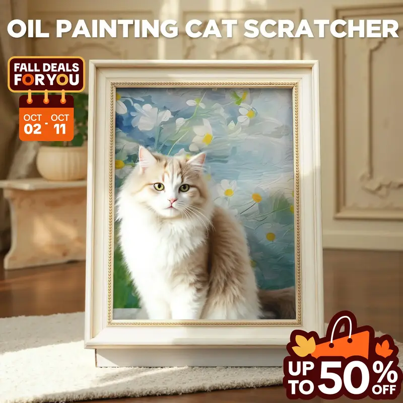 Warcat Oil Painting Cat Scratcher Board, Art 3D Cat Bed with Vintage Art Picture Frame, Durable Corrugated Cat House with Scr...