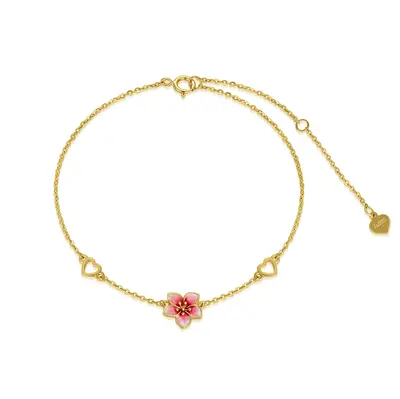 14K Gold Cherry Blossom & Heart Charm Bracelet
