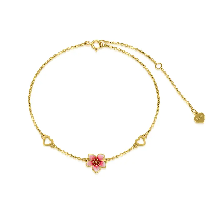 14K Gold Cherry Blossom & Heart Charm Bracelet