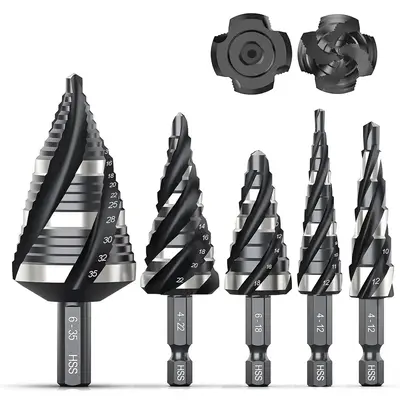 【Fall Deals For You】THINKWORK Four Spiral Flute Step Drill Bit Set (Metric), 5 Pcs HSS Step Drill Bits, 6mm and 10mm Shan...