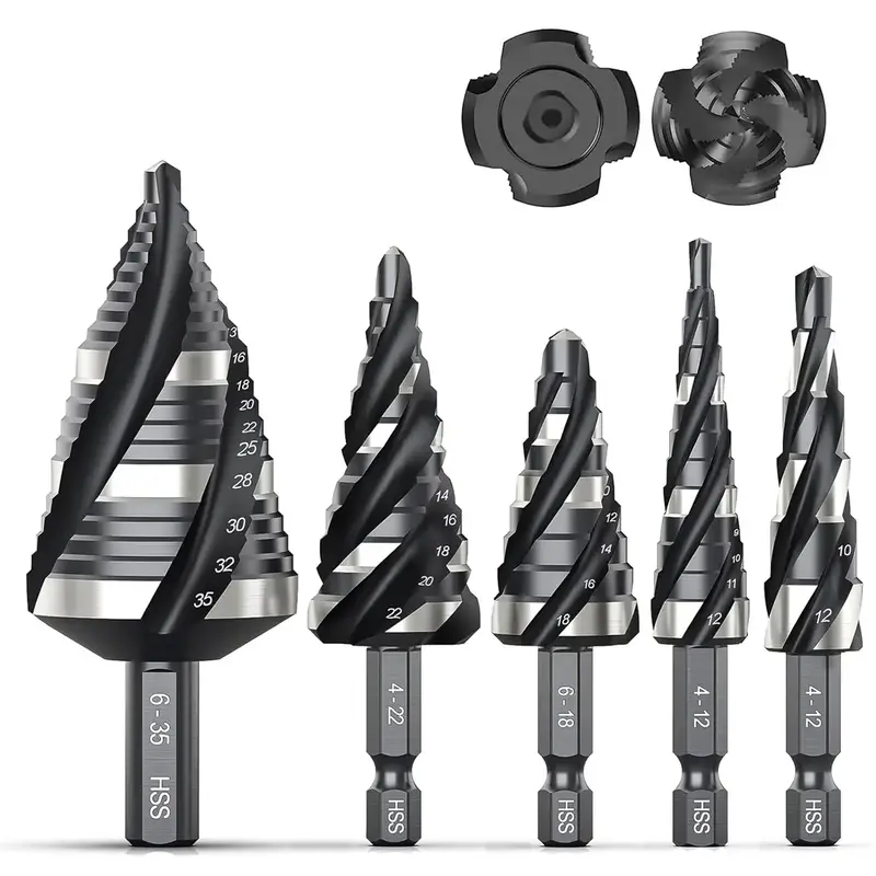 【Fall Deals For You】THINKWORK Four Spiral Flute Step Drill Bit Set (Metric), 5 Pcs HSS Step Drill Bits, 6mm and 10mm Shan...