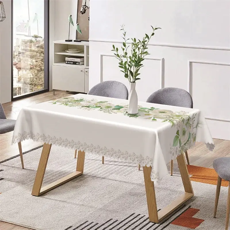 White Floral Design Simple Rectangle Tablecloth - Aperturee