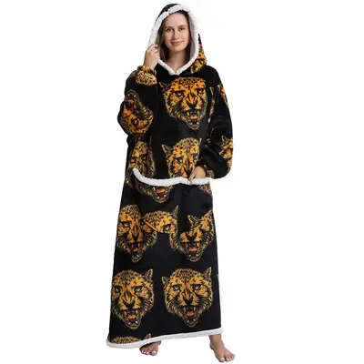 Cute Alpaca/Penguin Print Hoodie Blanket, 320GSM Oversized Wearable Hooded Sweatshirt Pullover, Breathable Nightgown with Bi...