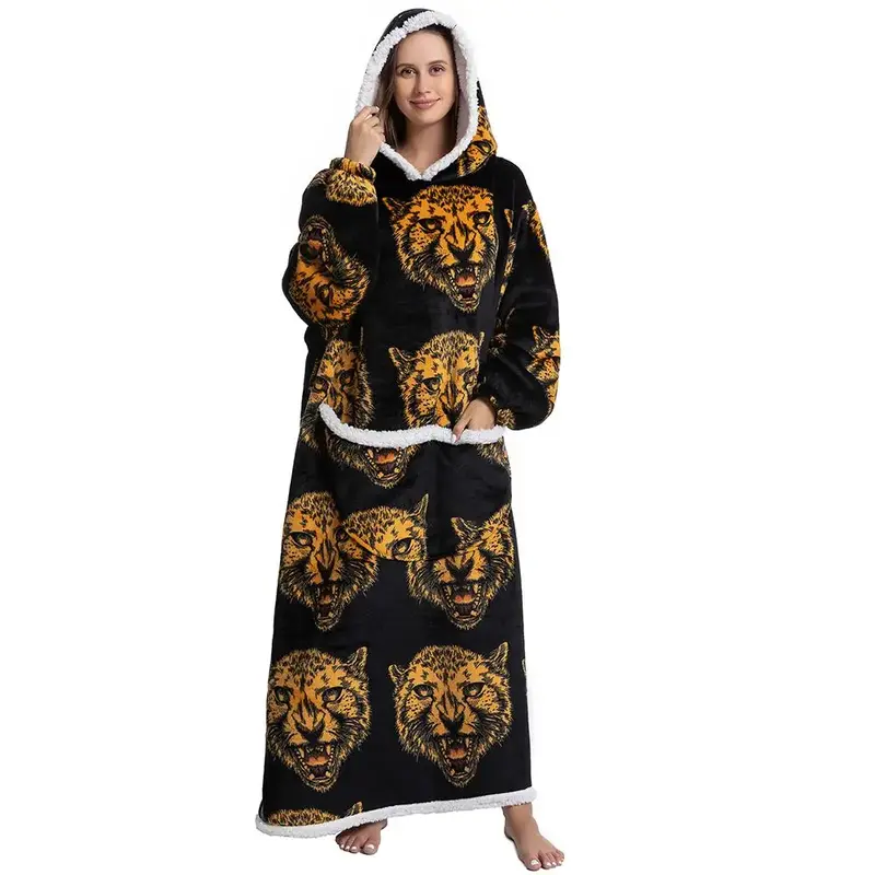 Cute Alpaca/Penguin Print Hoodie Blanket, 320GSM Oversized Wearable Hooded Sweatshirt Pullover, Breathable Nightgown with Bi...