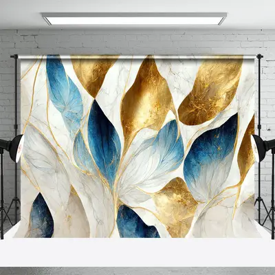 Blue Grey Gold Leaf Marble Texture Photo Backdrop - Aperturee