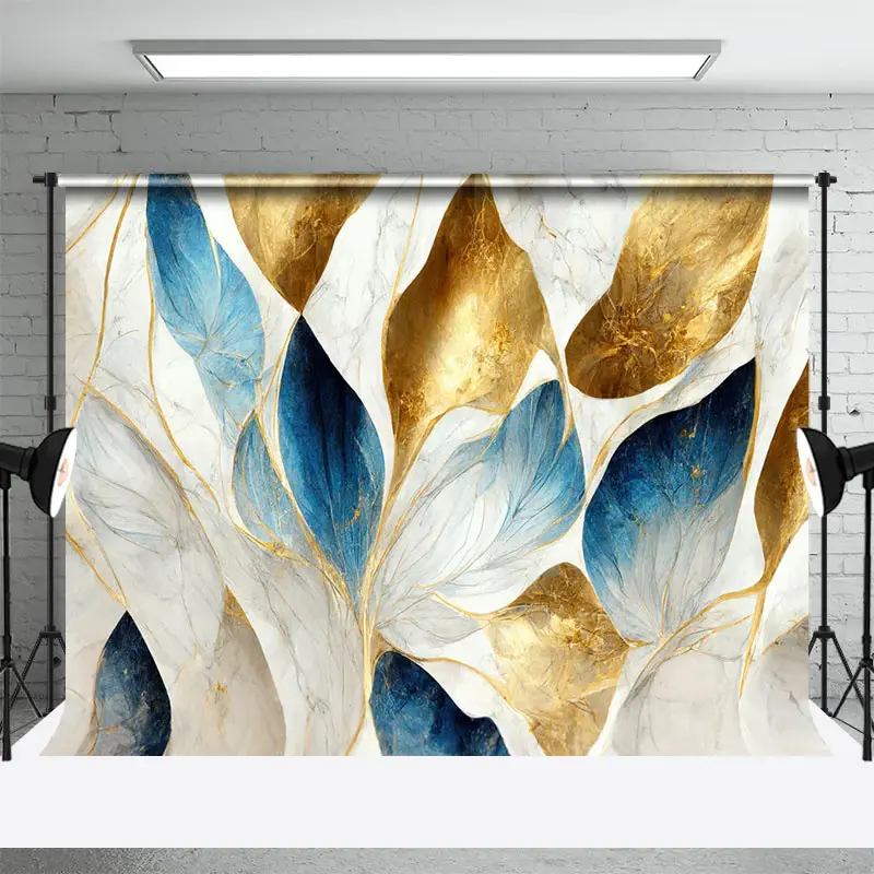 Blue Grey Gold Leaf Marble Texture Photo Backdrop - Aperturee