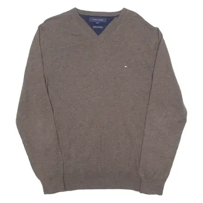 TOMMY HILFIGER Mens Jumper Brown V-Neck Tight Knit L