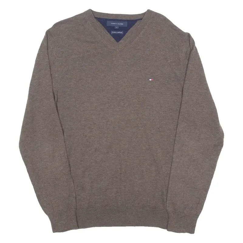 TOMMY HILFIGER Mens Jumper Brown V-Neck Tight Knit L