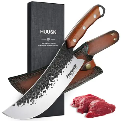 Huusk Butcher Knives – Heavy Duty Meat Cleaver with Sheath, Hand Forged Full Tang Knife for Meat Cutting, BBQ & Kitchen –...