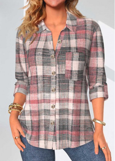 Modlily Coral Button Plaid 3/4 Sleeve Shirt Collar Blouse - XXL