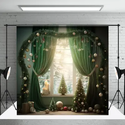 Green Curtain Christmas Winter Window Photo Backdrop - Aperturee