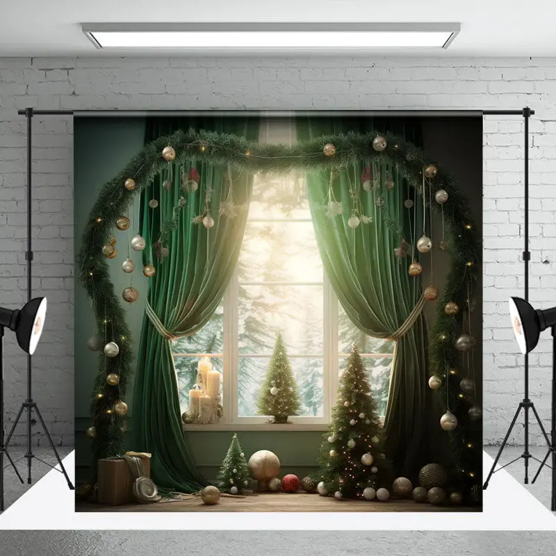 Green Curtain Christmas Winter Window Photo Backdrop - Aperturee