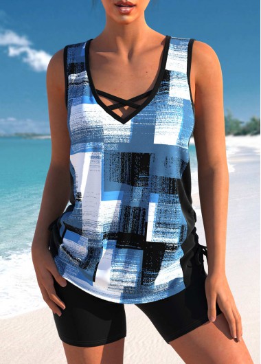 Modlily Criss Cross Geometric Print Denim Blue Tankini Set - S