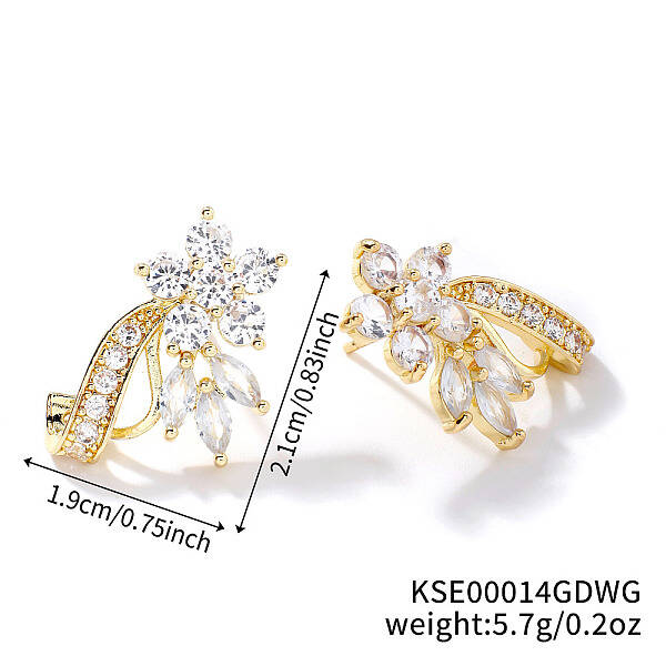 Elegant Brass Rhinestone Leaf Stud Earrings