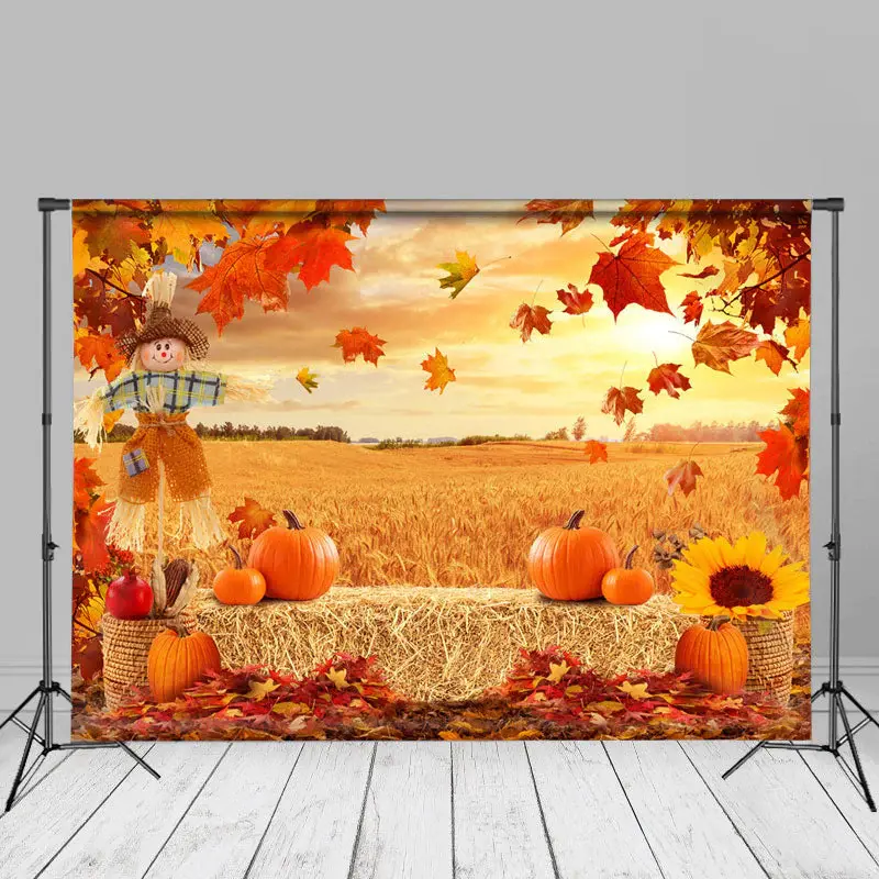 Haymow Scarecrow Red Maples Gold Rye Autumn Backdrop - Aperturee