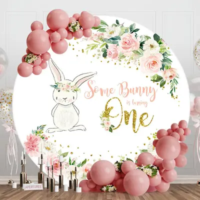 Bunny Floral Leaves Round 1st Birthday Backdrop - Aperturee