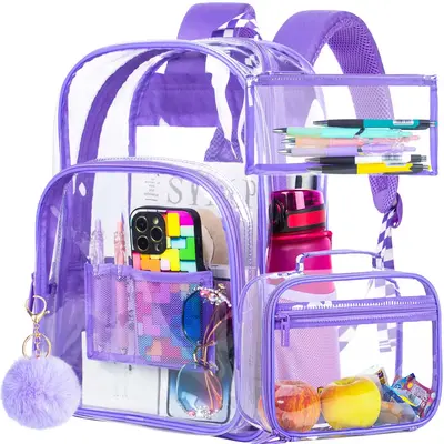 3PCS Girls Clear Backpack, Transparent Bookbag Set Heavy Duty, See Through School Bag for Womens - Purple