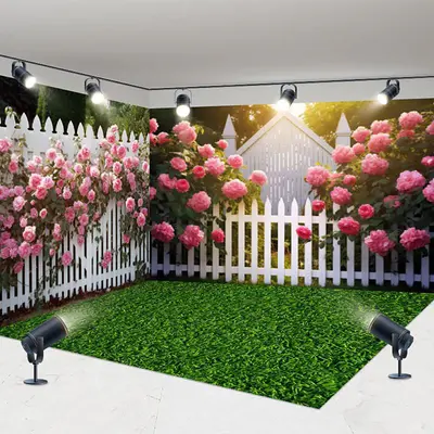 Aperturee Spring Garden Fence Greenery Floral Room Set Backdrop, 7X7FT(Left Wall)+10X7FT(Right Wall)+10X7FT(Floor), 247.5 USD...