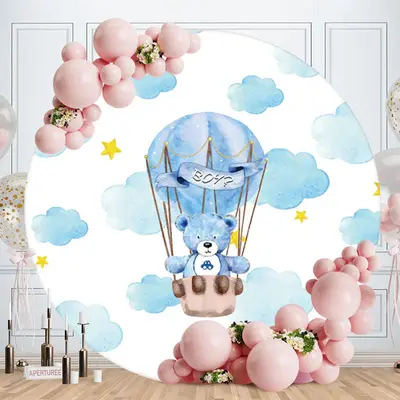 Aperturee Blue Ballon Bear Round Boys Baby Shower Backdrop