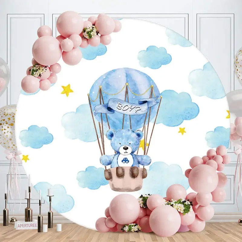 Aperturee Blue Ballon Bear Round Boys Baby Shower Backdrop