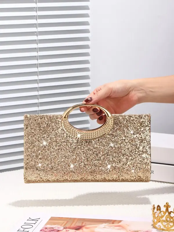 Women's Elegant Glitter Evening Bag, Exquisite Metal Decorated Handle Bag, Trendy All-match & Exquisite Bag for Party Decorat...