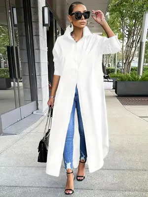 Elegant Women's Long Sleeve Shirt Dress, Button Design Loose Fit Floor-Length Top, Versatile Daily & Office Wear, Black