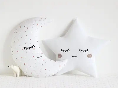Set of 2 White Pillows - Crescent Moon and Star Pillows with Rose Golden Touch