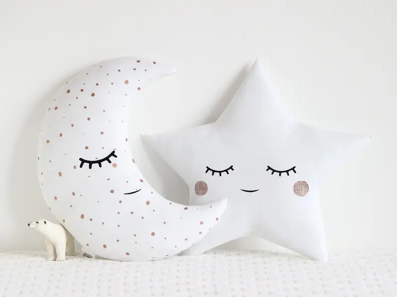 Set of 2 White Pillows - Crescent Moon and Star Pillows with Rose Golden Touch