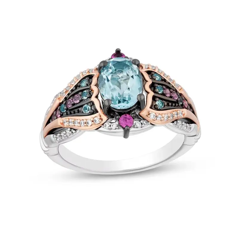 10K White Gold Oval Cut Topaz Multi-Gemstone and Diamond Band