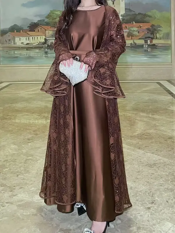 Women's Abaya & Plain Dress Set, Elegant Long Sleeve Open Front Abaya & Muslim Dress for Party Daily Wear, Ladies Islamic Clo...