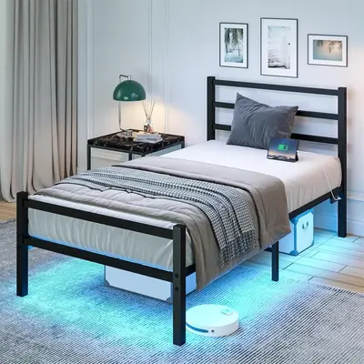 HOMBCK Twin Bed Frame with Heaboard, Mattress not included, LED, Metal Platform Bed Frame, Heavy Duty Steel, No Box Spring ...