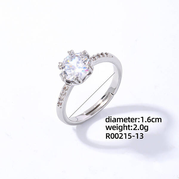 Flat Round Platinum Brass Adjustable Ring with Cubic Zirconia