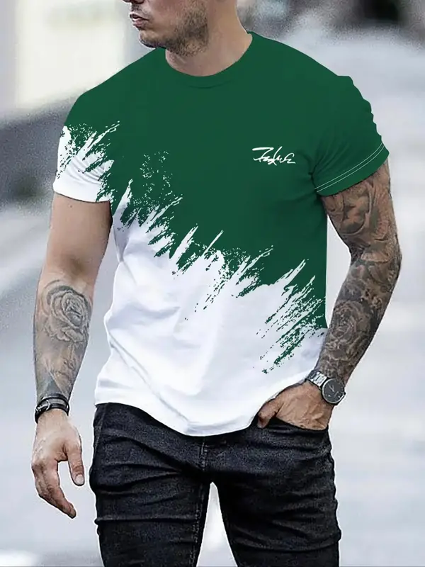 Men's Regular Fit Splash Ink Print Round Neck Tee, Casual Short Sleeve Crew Neck T-shirt for Summer, Fashion Men's Top for Da...