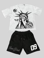 Men's Statue Of Liberty & Letter Print Short Sleeve Tee & Shorts Two-piece Set, Regular Fit Casual Round Neck T-shirt & Track...