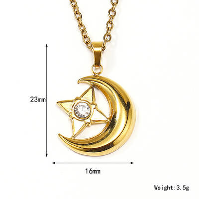 Retro Stainless Steel Clear Cubic Zirconia Moon Pendant Cable Chain Necklaces for Women