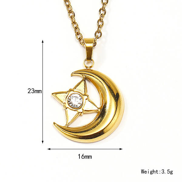 Retro Stainless Steel Clear Cubic Zirconia Moon Pendant Cable Chain Necklaces for Women
