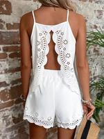 Women's Solid Backless Lace Up Crop Sleeveless Cami Spaghetti Strap Top & Wide Leg Romper Two-piece Set, Boho Casual Fashion ...
