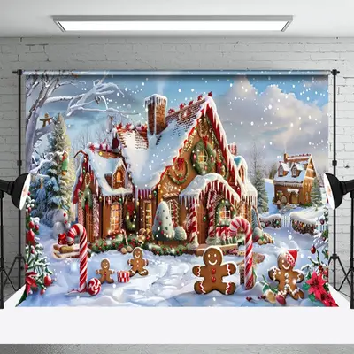 Aperturee Gingerbread House Candy Cane Snow Christmas Backdrop - Aperturee