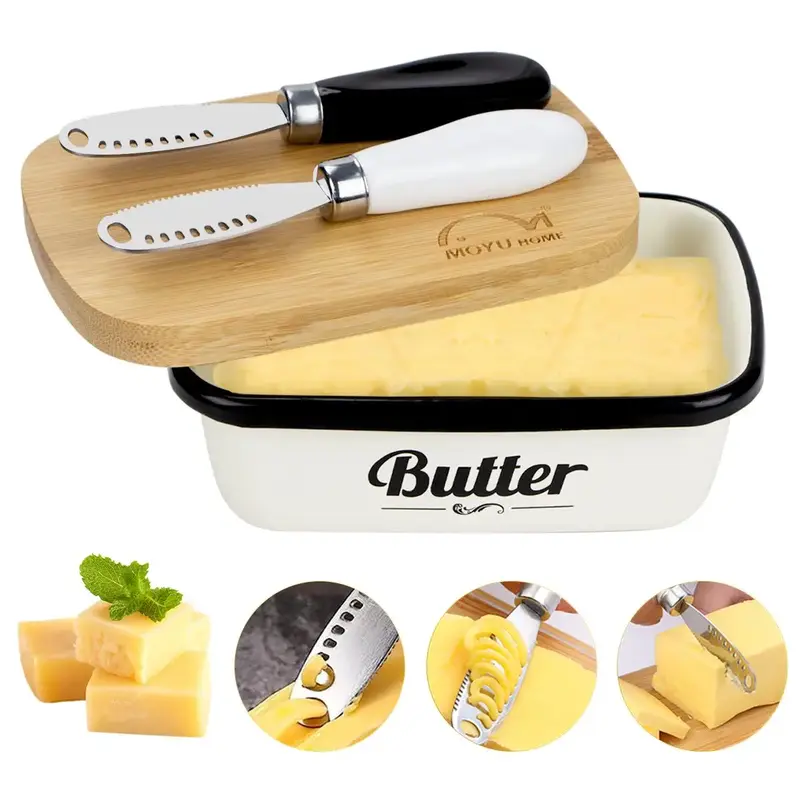 Square Butter Dish with Bamboo Lid & Butter Knifes, 1 Set Household Butter Storage Box, Cutlery & Tableware Supplies for Kitc...