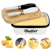 Square Butter Dish with Bamboo Lid & Butter Knifes, 1 Set Household Butter Storage Box, Cutlery & Tableware Supplies for Kitc...