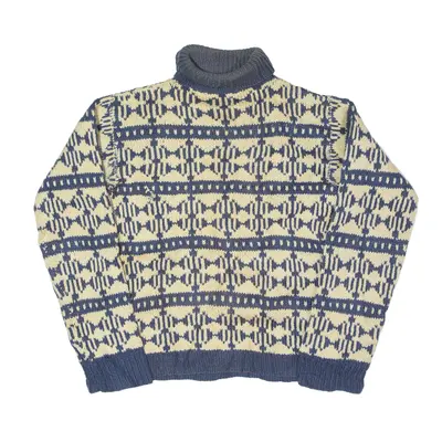 Patterned Jumper Blue 80s Chunky Knit Roll Neck Mens M