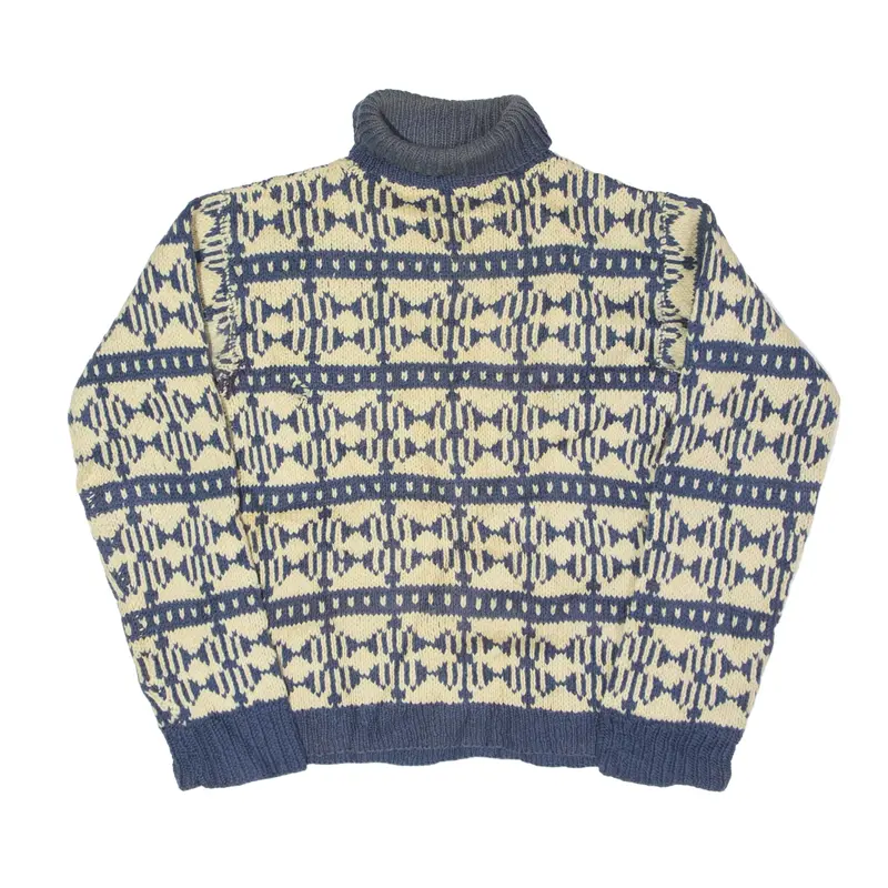 Patterned Jumper Blue 80s Chunky Knit Roll Neck Mens M