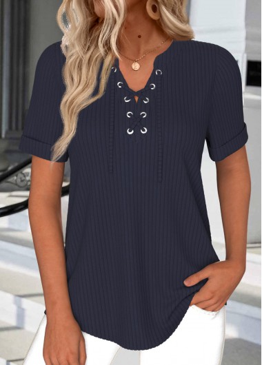 Modlily Navy Lace Up Short Sleeve T Shirt - XXL