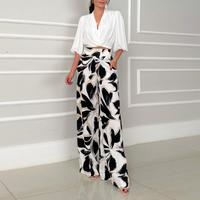ChicMe Women's 2 Pieces Outfit Wrap Plunge V Neck Crop Blouse and Casual Floral Print Wide Leg Pants Set